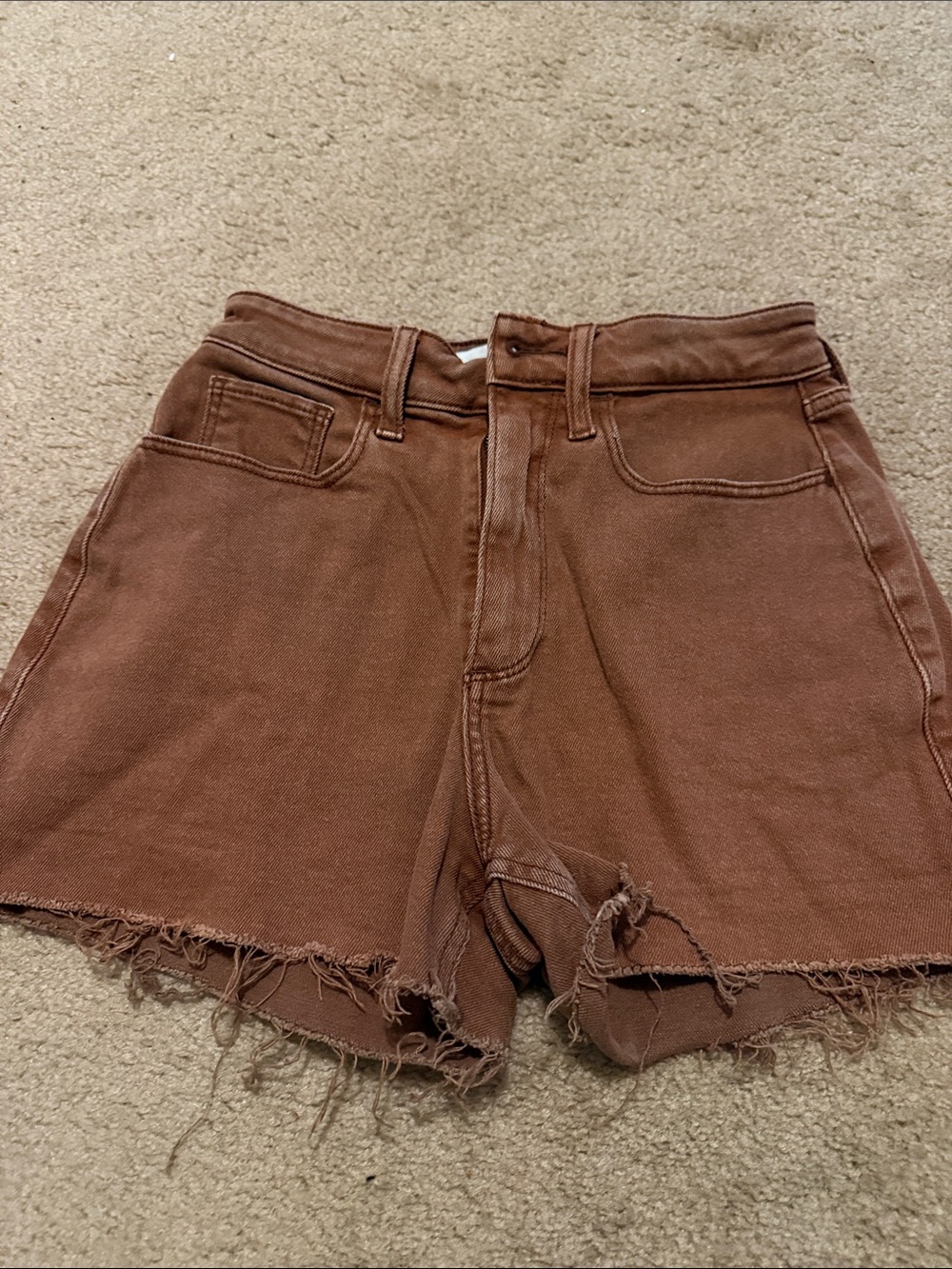 Hollister High-Rise Frayed Brown Denim Shorts